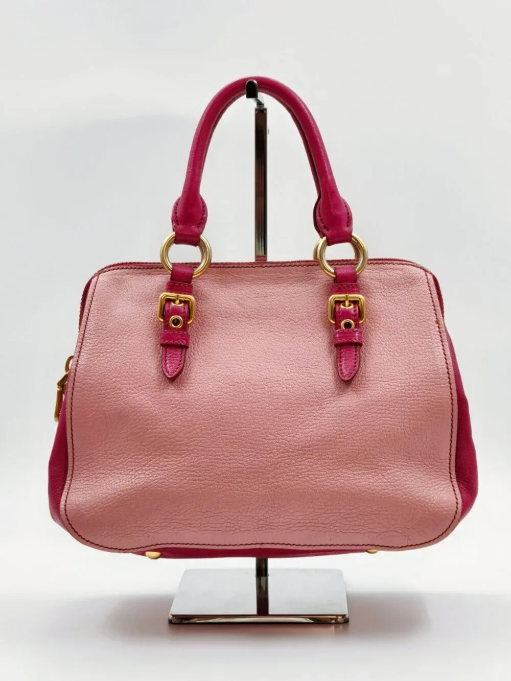 Miu Miu Two-Tone Pink Madras Leather Dome Satchel Crossbody Bag
